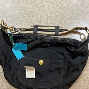 Coach, black and teal, cloth hobo purse